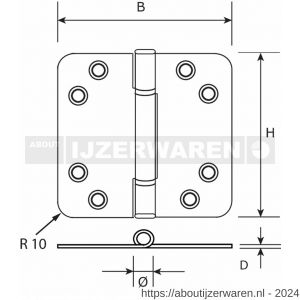 Dulimex DX H365E89895105 nylon glijlagerscharnier 3 mm doorgezette knoop ronde hoeken 89x89 mm RVS pen RVS geborsteld - W30204187 - afbeelding 2