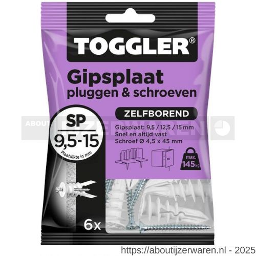 Toggler SP-6-schroef gipsplaatplug SP met schroef zak 6 stuks gipsplaat 9-15 mm - W32650008 - afbeelding 1