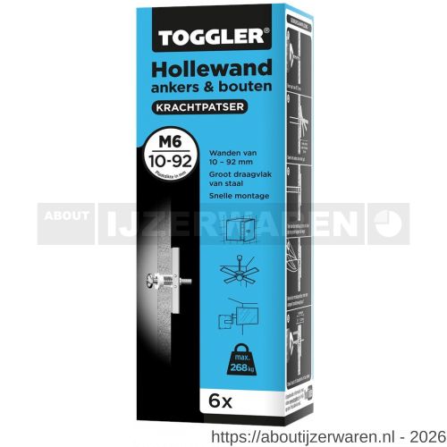 Toggler M6-6-bout hollewandanker M6 met bout doos 6 stuks plaatdikte 10-92 mm - W32650041 - afbeelding 1