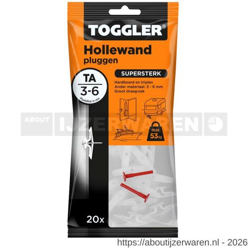 Toggler TA-20 hollewandplug TA zak 20 stuks plaatdikte 3-6 mm - W32650023 - afbeelding 1